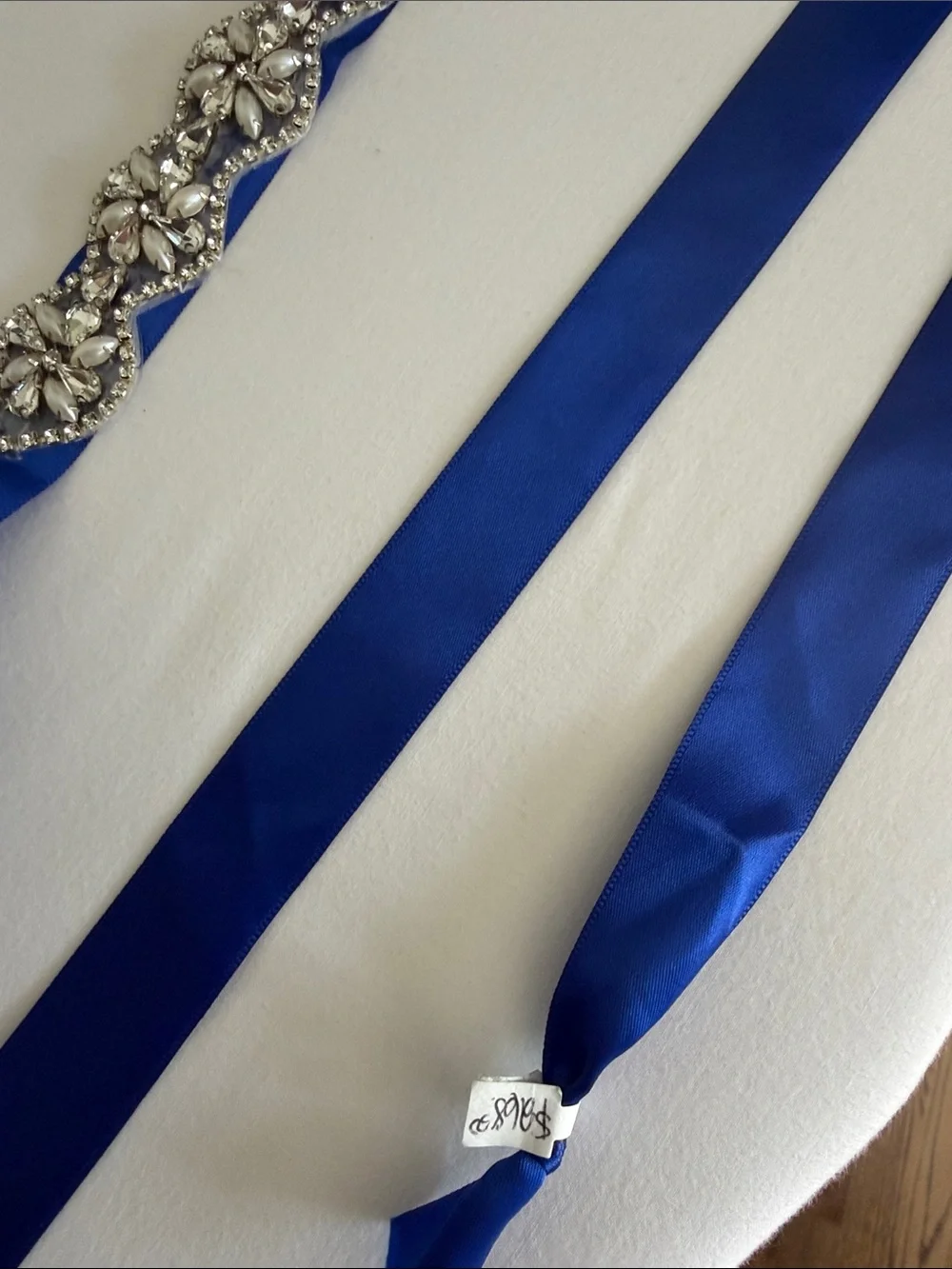 Rhinestone Floral Sash Belt with Royal Blue Ribbon